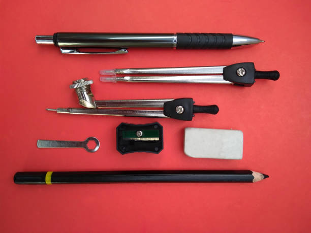 istock Group of Geometric tools compass, pen, pencil, pencil sharpener and rubber. 1196158023