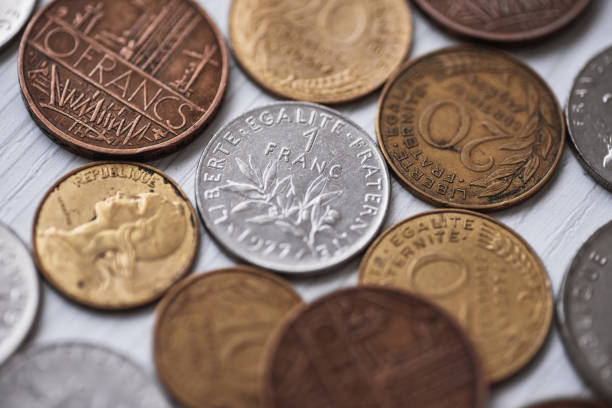 Diverse French Franc coins, used until the Euro was implemented in 2001