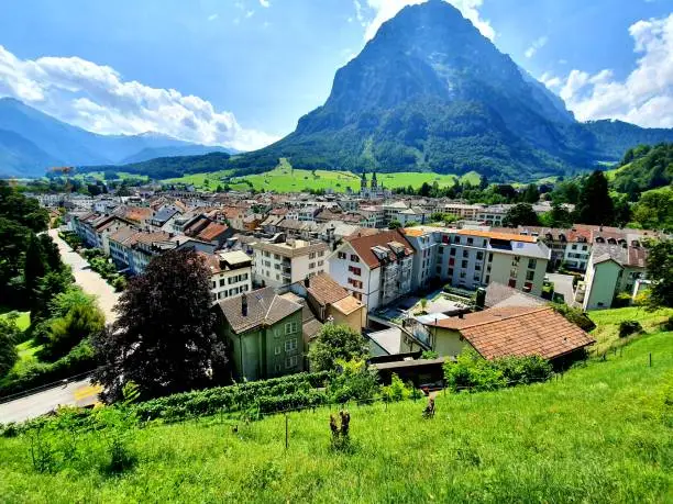 Glarus City panorama. The image shows the town Glarus during a beautiful sunny day.