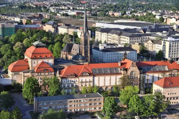 Chemnitz, Germany (State of Saxony). City aerial view in warm sunset light.