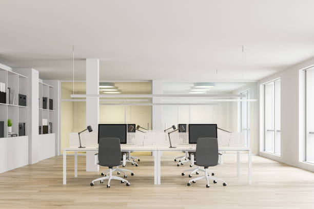 istock White open space office interior with bookcase 1196170869