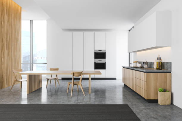 istock White and wooden kitchen with dining table 1196171398
