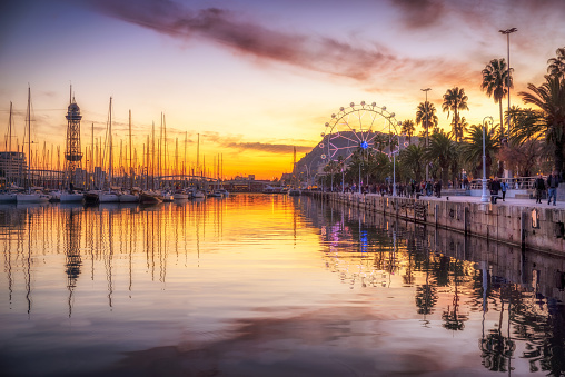 Port Vell Barcelona harbor at sunset, Catalonia, Spain