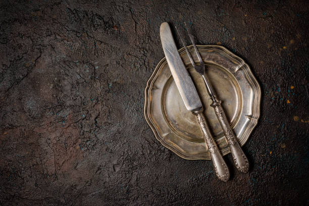 istock Top view of vintage silver cutlery or silverware 1196173523