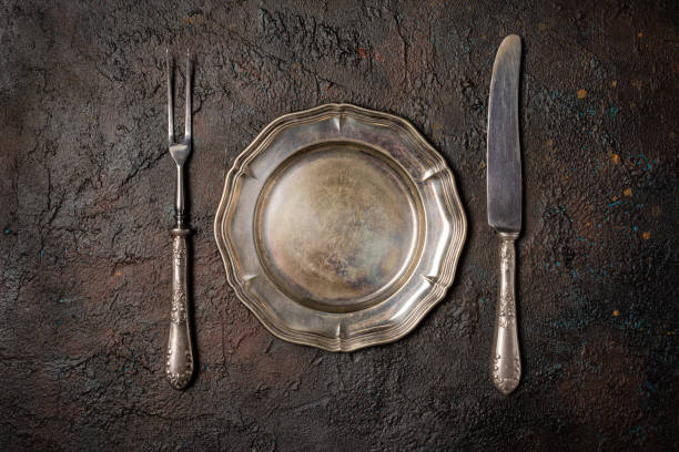 istock Top view of vintage silver cutlery or silverware 1196173543
