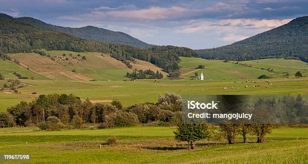 Mountain And Meadows Landscape With The Church Tower Stock Photo - Download Image Now