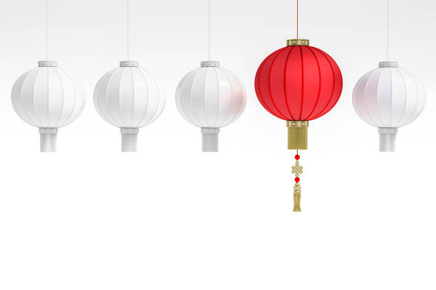 istock Outstanding realistic Chinese Lanterns floating above white lanterns on white background 3d rendering. 3d illustration greeting for Happiness, Prosperity & Longevity. Chinese new year festival concept 1196178765