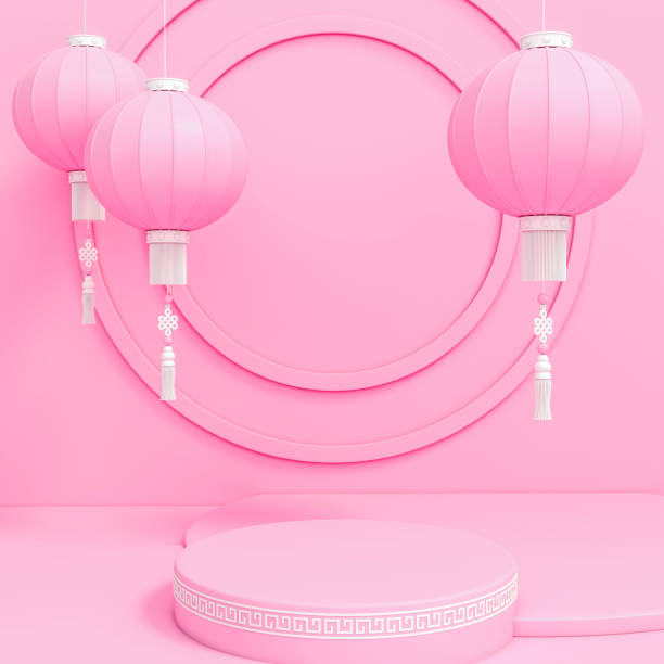 Pink Chinese lanterns with podium display stand on pastel pink background 3d rendering. 3d illustration greeting for Happiness, Prosperity & Longevity. Sweet Chinese new year festival.