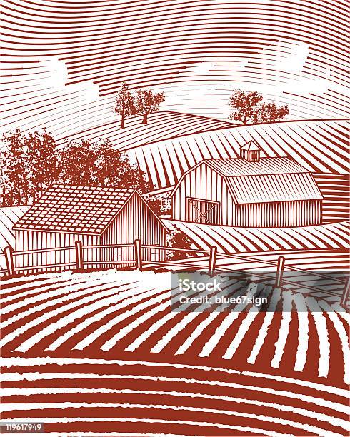 Farm Scene Landscape Stock Illustration - Download Image Now - Woodcut, Landscape - Scenery, Barn