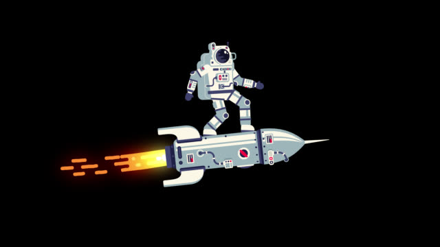 Astronaut in spacesuit flies standing on rocket like surfer.