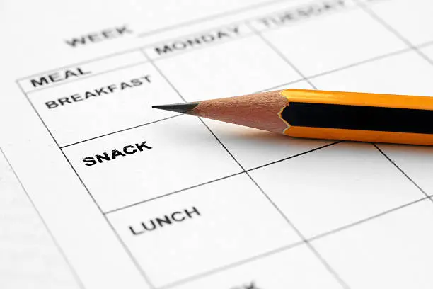 Photo of A pencil lying on a blank weekly meal planner