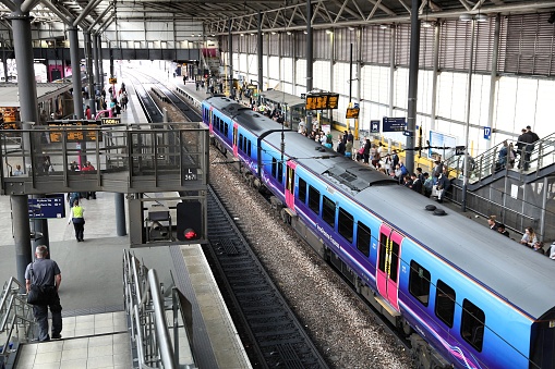 TransPennine Express train of First Group at Leeds Station in the UK. Leeds railway station was used by 28.8 million annual passengers in 2014/15.