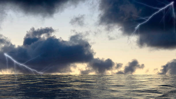 istock A lightning strikes the water over the sea 1196184685