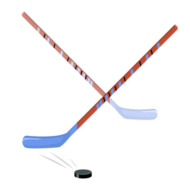 istock Hockey sticks, red-blue, and black puck. Sports equipment. Vector Isolated Objects 1196185199