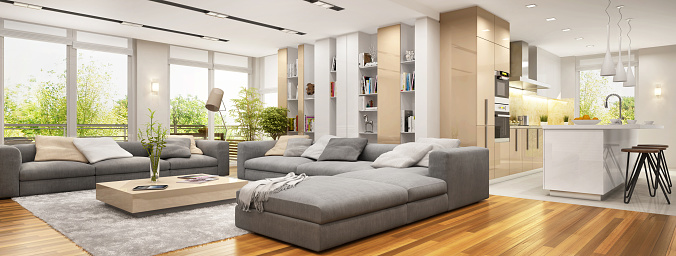 Modern living room with modern kitchen. Modern interior design