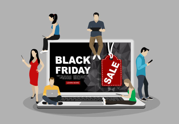istock Black Friday Big Sale Holiday Special Offer. Group of people using mobile smartphone for choosing, online ordering and purchasing goods via mobile app. Vector Illustration 1196188682