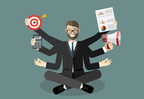 istock Businessman with multitasking lots of arms doing various office tasks. Keep calm. Business concept Flat design 1196189810