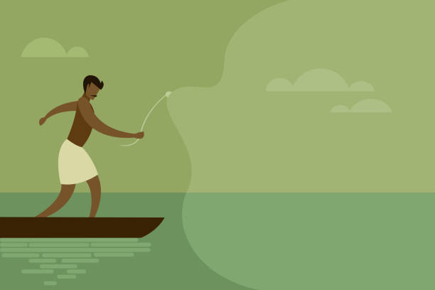 ilustraciones, imágenes clip art, dibujos animados e iconos de stock de hombre lanzando red de pesca al agua. - transportation nautical vessel floating on water sea