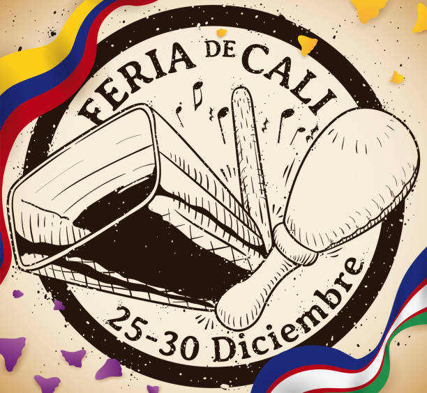 Maraca and Cowbell Drawing in a Stamp for Cali Fair Scroll with Colombia and Cali flags, guayacan petals and stamp with maraca, cowbell, beater and musical notes in hand drawn style to celebrate Feria de Cali (written in Spanish) in December 25-30. valle del cauca stock illustrations