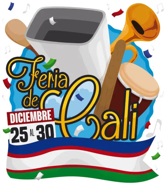 Vector illustration of Musical Instruments, Calendars  and Flag to Celebrate Feria de Cali