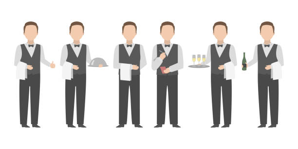 kelner z ręcznikiem wokół ramienia stojący w różnych pozach. wektor - butler champagne service waiter stock illustrations