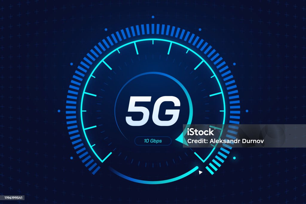 Tecnología inalámbrica de red 5G. Concepto de medidor de velocidad digital con icono 5G. Internet de alta velocidad. Velocímetro de neón en estilo futurista aislado sobre fondo oscuro. Interfaz del salpicadero del coche. Vector eps 10. - arte vectorial de Velocímetro libre de derechos