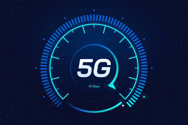 illustrazioni stock, clip art, cartoni animati e icone di tendenza di tecnologia wireless di rete 5g. concetto di misuratore di velocità digitale con icona 5g. internet ad alta velocità. tachimetro al neon in stile futuristico isolato su sfondo scuro. interfaccia del cruscotto dell'auto. eps vettoriale 10. - dial