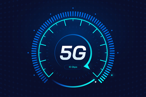 5G network wireless technology. Digital speed meter concept with 5G icon. High speed internet. Neon speedometer in futuristic style isolated on dark background. Car dashboard interface. Vector eps 10.