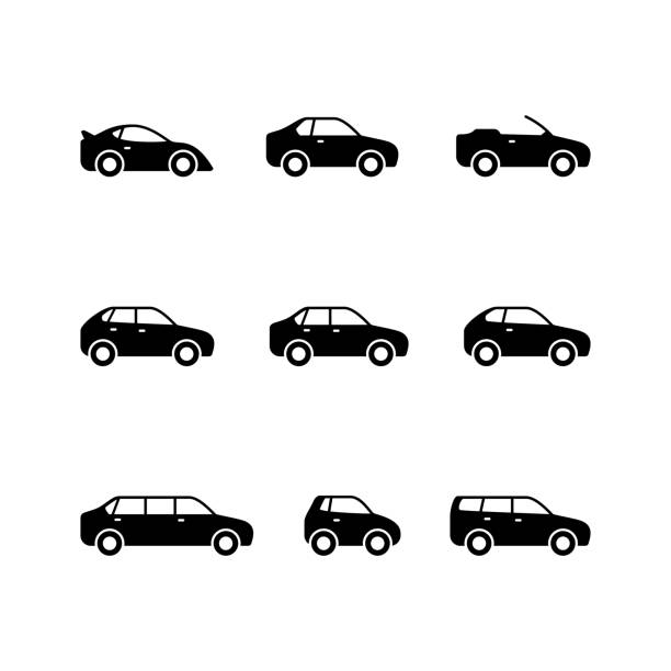 Set glyph icons of car Set glyph icons of car isolated on white. Types of vehicle. Limousine, sedan, sport auto, hatchback, universal, minicar, cabriolet and coupe. Vector illustration hatchback side stock illustrations