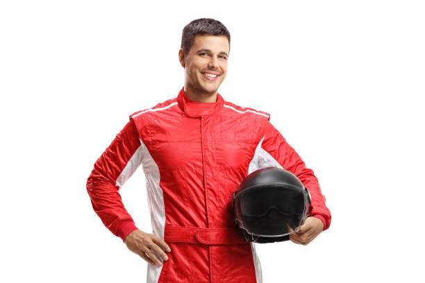 istock Male racer standing and holding a helmet 1196199918