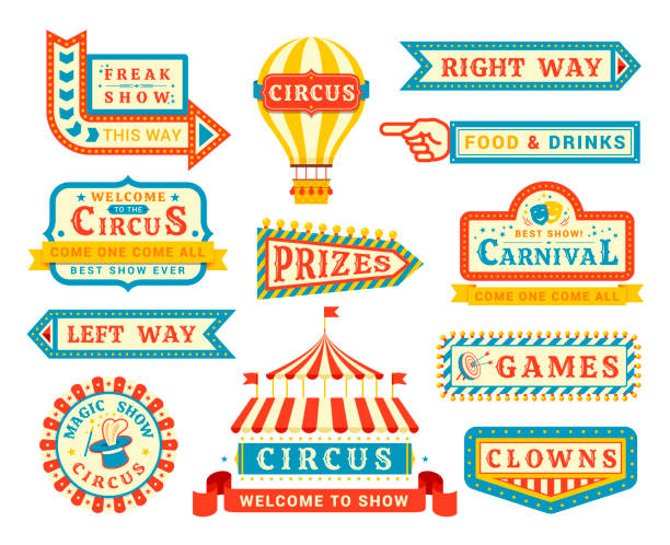 Circus show promo flat vector labels set Circus show promo flat vector labels set. Freak show and magicians performance direction arrows isolated on white background. Circus arena, hot air balloon carnival advert with vintage style lettering traveling carnival stock illustrations