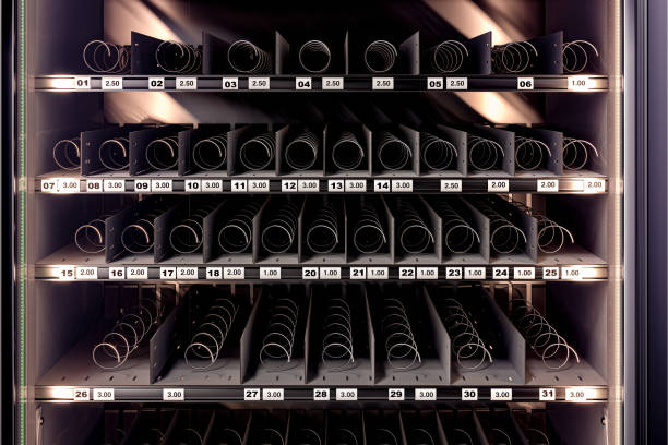 istock Close up Of Black Empty Vending Machine With Empty Shelves And Prices. 3d rendering 1196202924