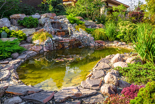 Landscape design of home garden close-up. Beautiful landscaping with small pond and waterfall. Landscaped place with rocks at country house. Stone landscaping in luxury backyard or yard in summer.