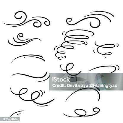 istock Wind icons nature, wave flowing illustration with hand drawn doodle cartoon style isolated on white background 1196211669