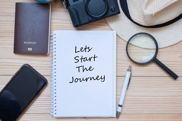 istock Book With Text By Passport And Hat Table 1196212256
