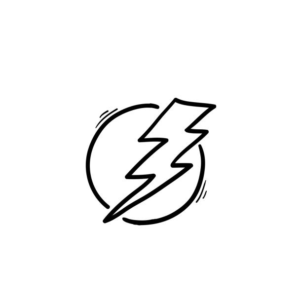 illustrazioni stock, clip art, cartoni animati e icone di tendenza di icona di potenza, icona di lightning power con stile cartone animato doodle disegnato a mano - pencil drawing flash