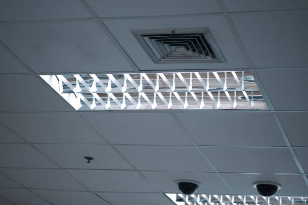 istock Fluorescent lamp Lights from ceiling in office building 1196217654