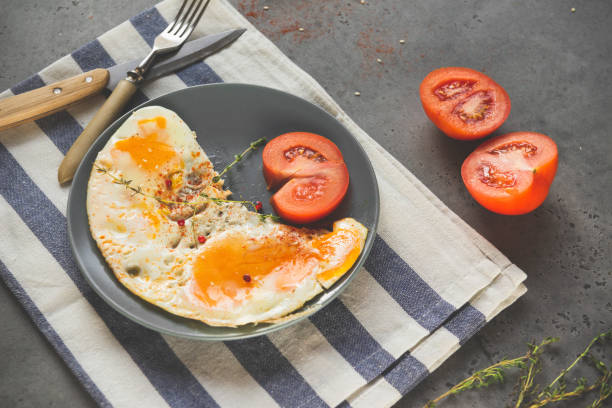 istock scrambled eggs with tomato, thyme, pepper and sesame on a plate on a gray background, fork, knife, healthy Breakfast 1196218191