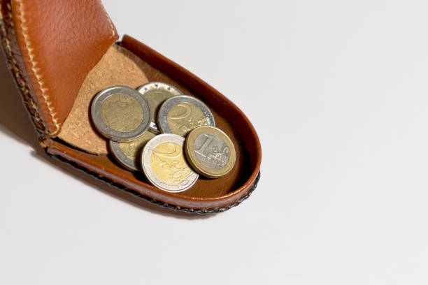 leather purse with pocket money coins. A brown leather purse with some coins in of it