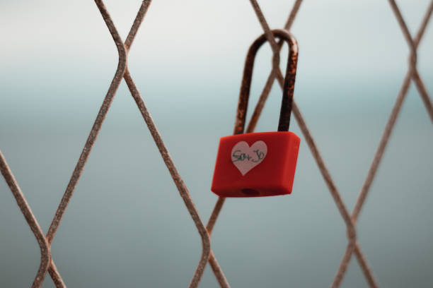 istock Colored rusted love padlocks with initials on a fence in split croatia , dramatic cold day. Concepts of love drama 1196221259