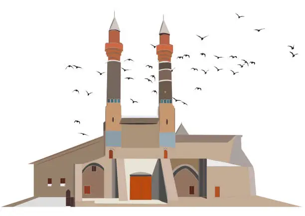 Vector illustration of Double minaret Koran school has been built in 1271. Sivas turkey