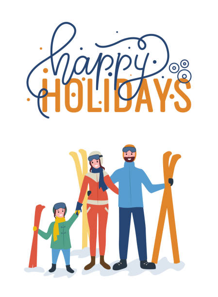 Happy Holidays, Standing Family with Skiing Vector Full length portrait, standing outdoor mother with father holding child and skiing in ski-suit. Greeting postcard with happy holidays isolated on white kids snow suits stock illustrations