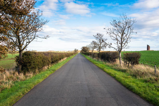 istock Empty one-lane road in the countryside and blue sky with clouds 1196229443