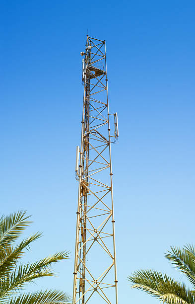 communication tower with cellular antennas above palm trees stock photo
