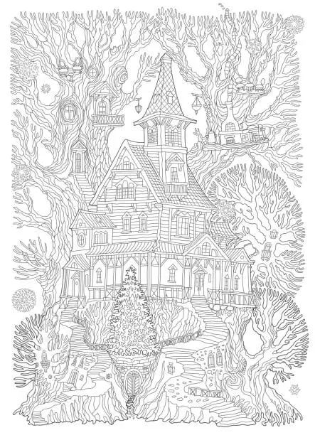 Vector illustration of Coloring book page for children and adults, fantasy old tree stump with fairy tale house and fir-tree. Linear contour sketch. Tee-shirt print. New Year and Christmas greeting card, party invitation