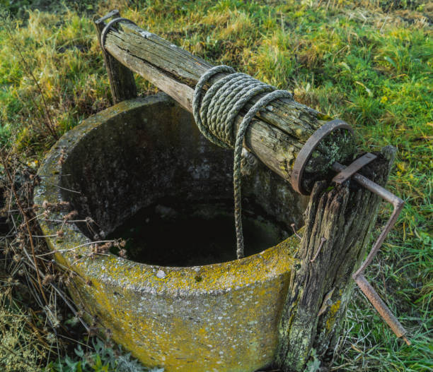 istock Old backyard well with a flask and a bucket on a cord 1196234829