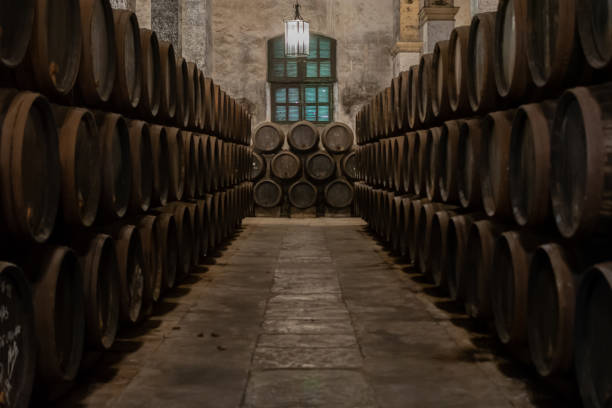 производство укрепленных хереса, ксеров, хереса вин в старых дубовых бочках в треугольнике хереса, херес-ла-фронтера, эль-пуэрто-санта-мари� - sherry стоковые фото и изображения