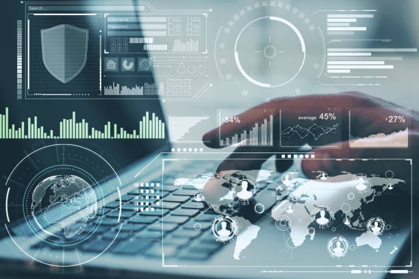 istock Business trading concept with digital screen with diagram, graphs and data analysis and man with laptop. Double exposure. 1196239658