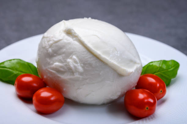 istock Cheese collection, soft white Italian mozzarella di bufala campana with fresh green basil leaves and red cherry tomatoes 1196240512