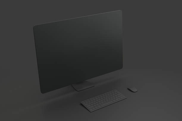 istock All black minimal concept with blank black screen of black single material computer. 1196240538